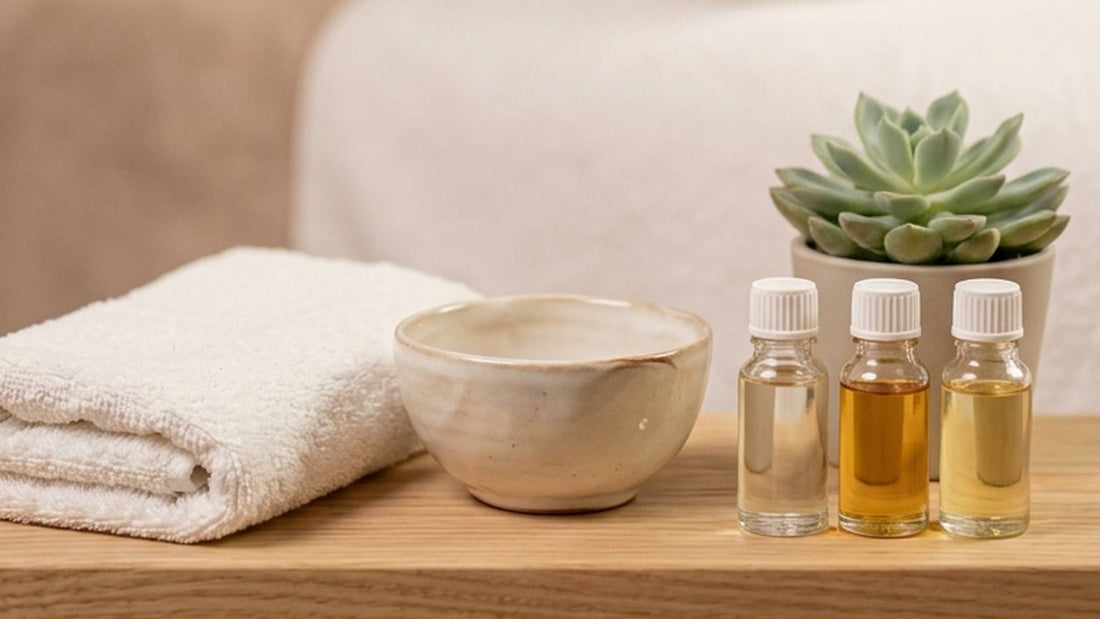 Table de soin dans un institut de beauté : serviettes, bol en céramique et huiles de soin
