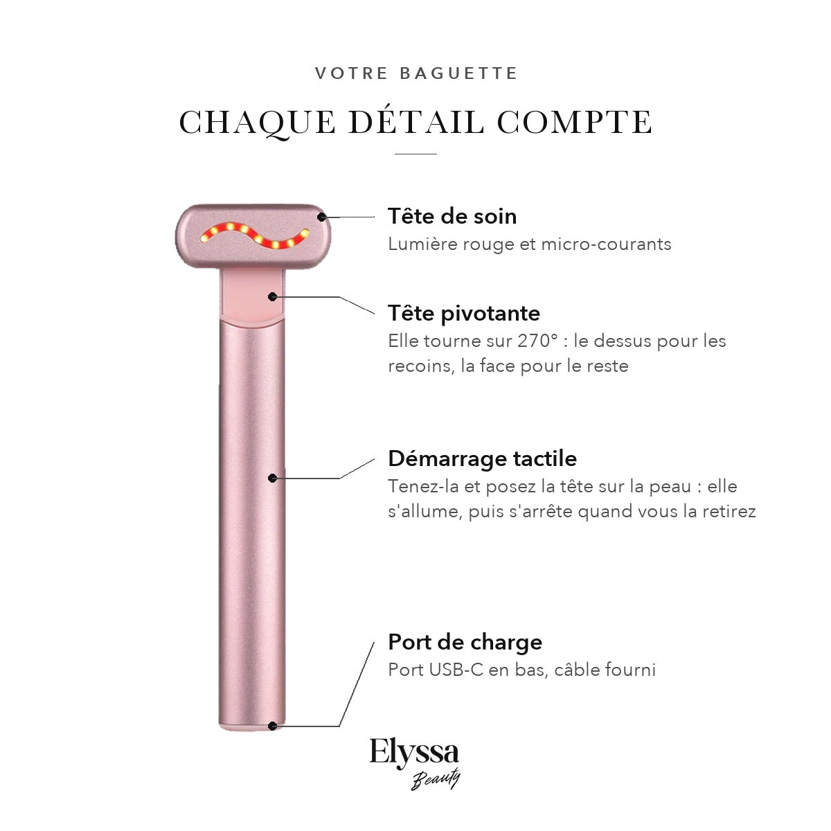 Baguette contour des yeux : tête de soin, tête pivotante à 270°, démarrage tactile et port USB-C