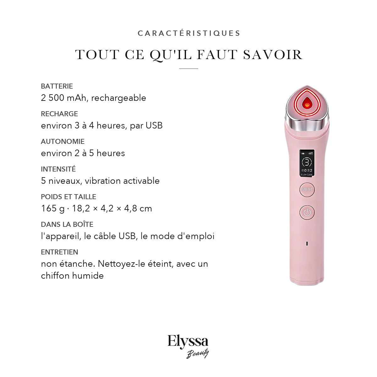 Caractéristiques de l'appareil facial 5-en-1 : batterie, recharge, autonomie, poids et contenu de la boîte
