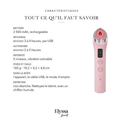Caractéristiques de l'appareil facial 5-en-1 : batterie, recharge, autonomie, poids et contenu de la boîte