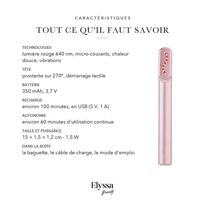 Caractéristiques de la baguette contour des yeux : batterie, recharge, autonomie, taille et contenu de la boîte