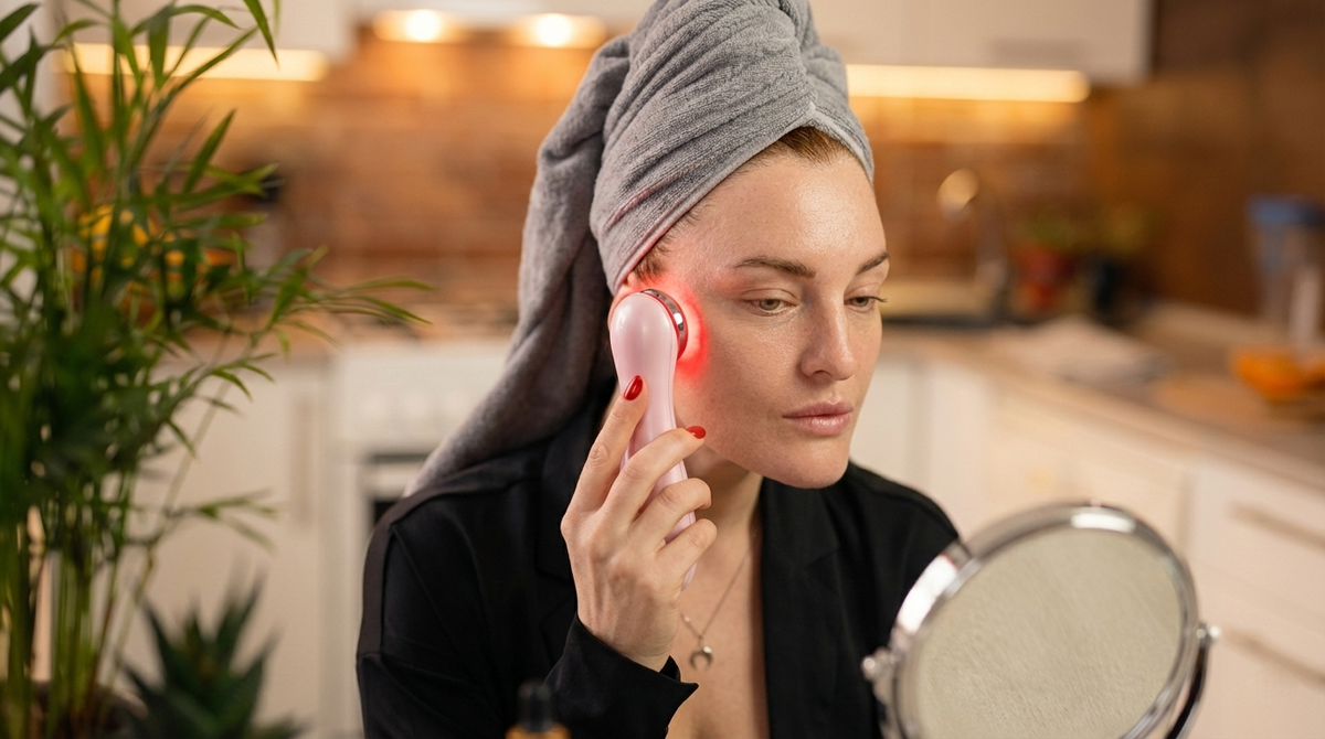 Femme, une serviette sur les cheveux, qui applique un appareil de soin LED sur sa joue dans sa cuisine