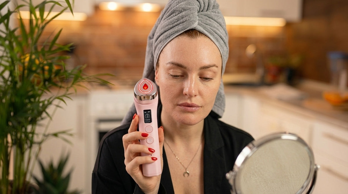 Femme qui tient l'appareil facial 5-en-1 Elyssa Beauty allumé, tête de soin en forme de cœur