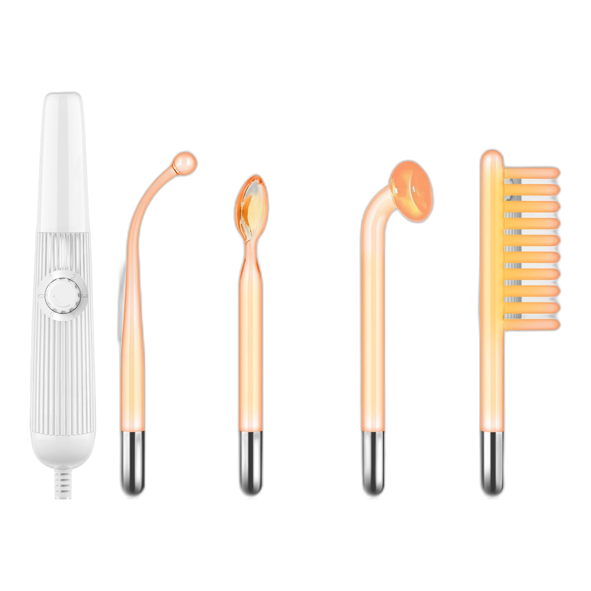 Appareil haute frequence 2-en-1 Elyssa Beauty : baguette et ses 4 embouts en verre (courbe, peigne, champignon, langue)