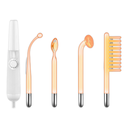 Appareil haute frequence 2-en-1 Elyssa Beauty : baguette et ses 4 embouts en verre (courbe, peigne, champignon, langue)