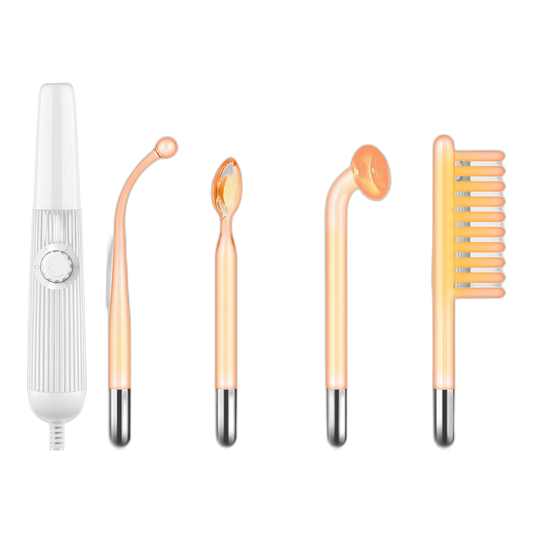 Appareil haute frequence 2-en-1 Elyssa Beauty : baguette et ses 4 embouts en verre (courbe, peigne, champignon, langue)